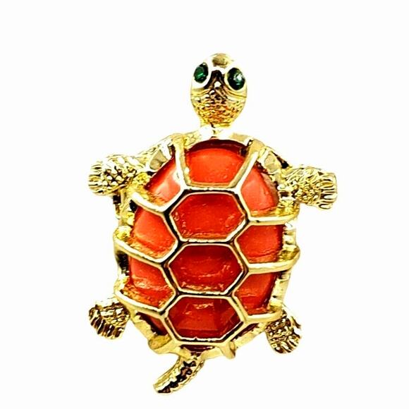 Gerrys Turtle Brooch Small Orange Lucite Tortoise Pin Vintage Signed Green Eyes - Picture 5 of 5